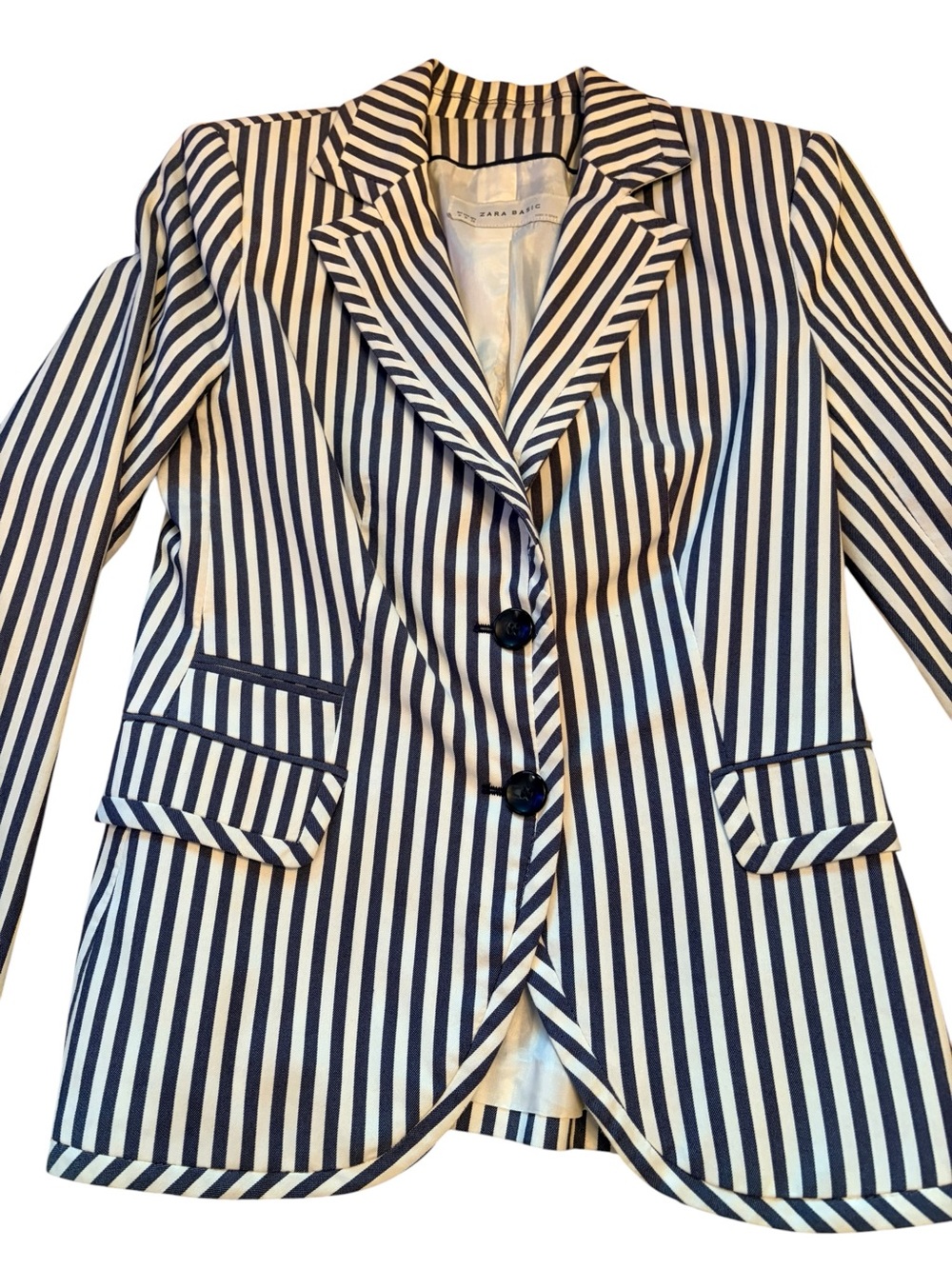 Zara Navy and White Striped Blazer Jacket